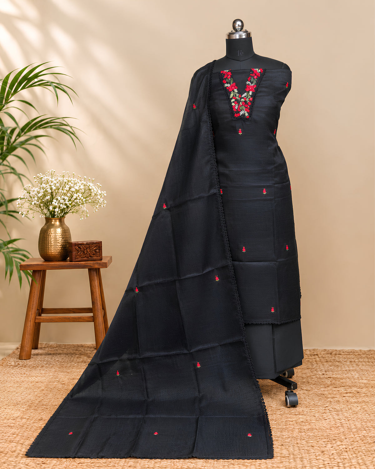 Premium Kota Embroidery Chudi - Black V neck