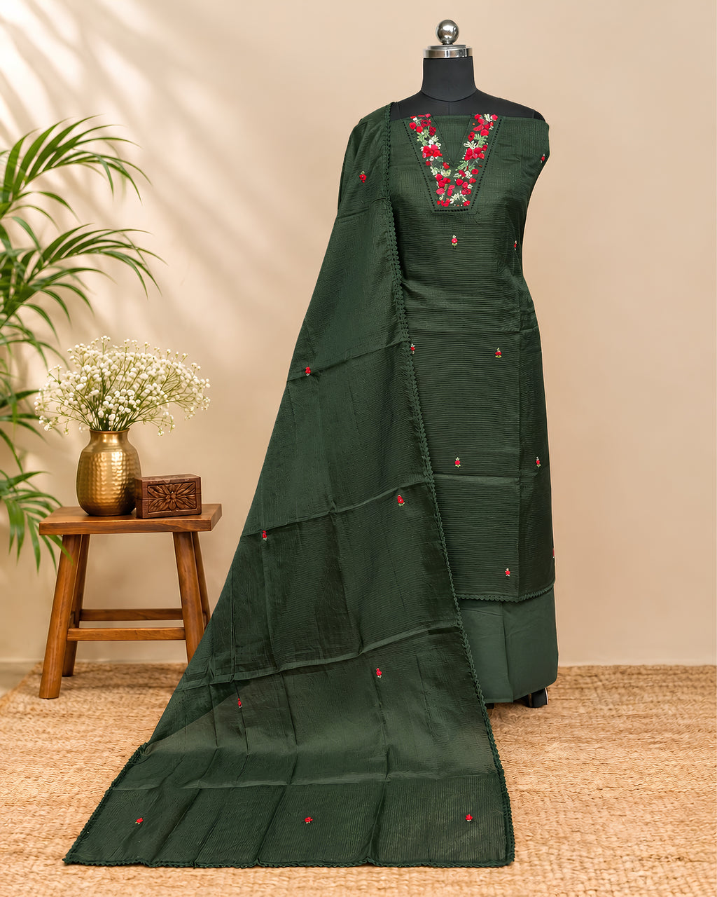 Olive green V-neck Kota embroidery chudi from S Fabs, showcasing intricate hand-stitched embroidery on premium fabric.