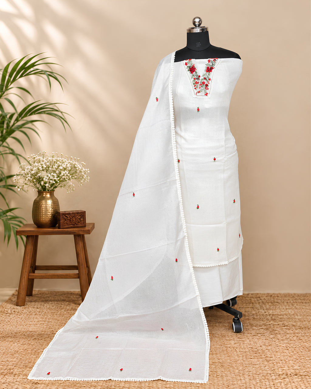 S Fabs premium off-white Kota embroidery chudi material with V-neck design