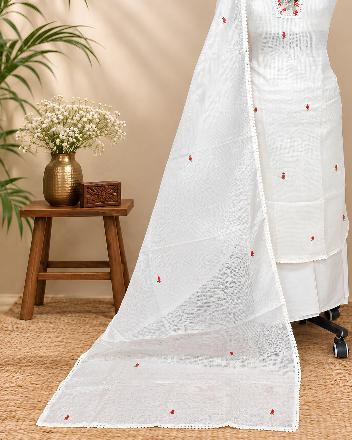 S Fabs Premium Kota embroidery chudi material in off white with V-neck design
