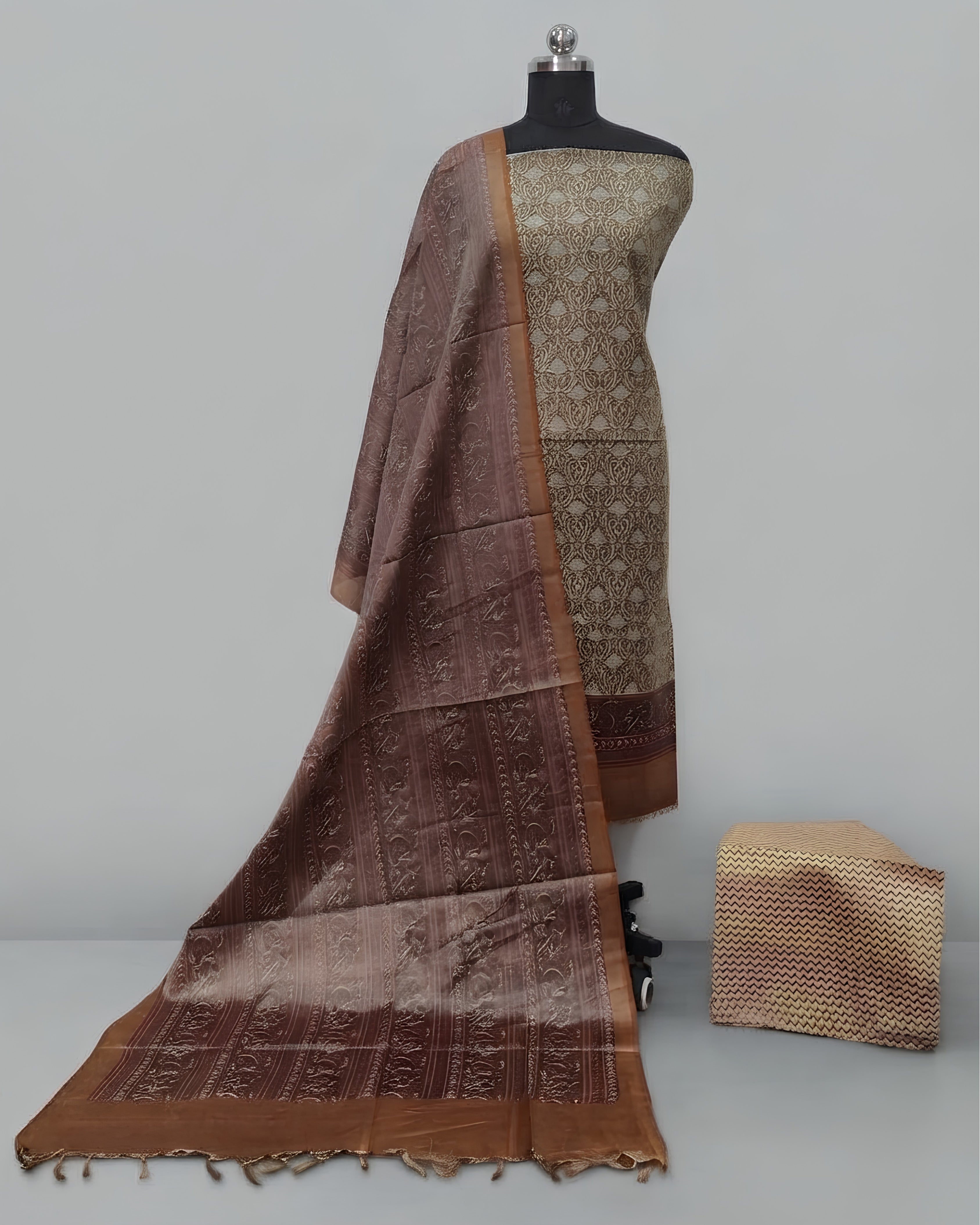 TISSUE SILK DIGITAL CHUDI SETS - BEIGE TONE WITH DUSTY TERRACOTTA