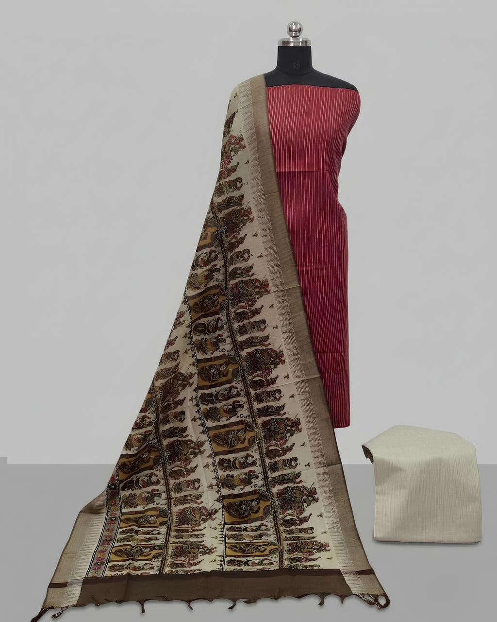 KADHI COTTON KALAMKARI DHUPATTA PRINTED CHUDI SET - CORAL RED