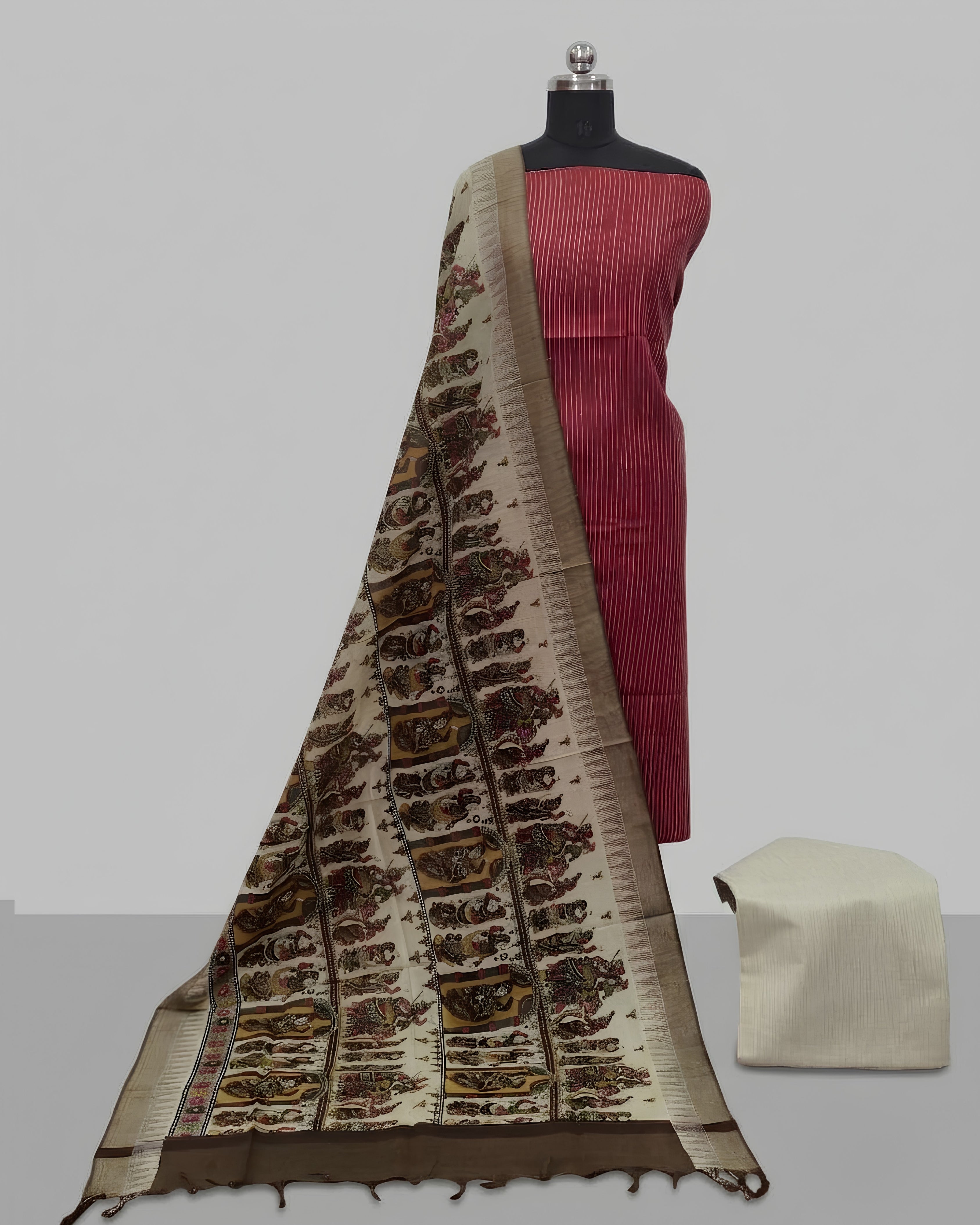 KADHI COTTON KALAMKARI DHUPATTA PRINTED CHUDI SET - CORAL RED