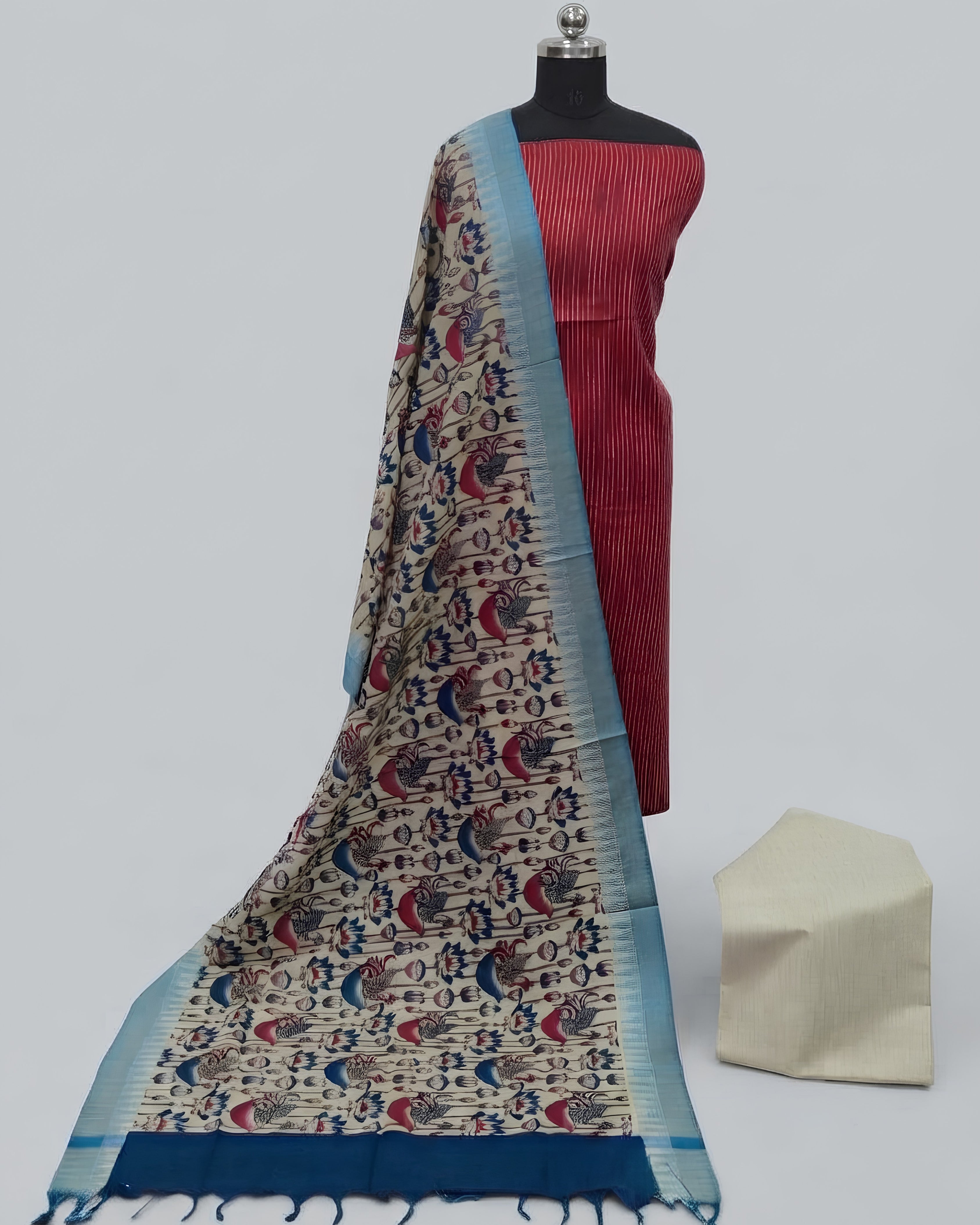 KADHI COTTON PICHWAI PRINTED DUPATTA CHUDI SET - CRIMSON RED