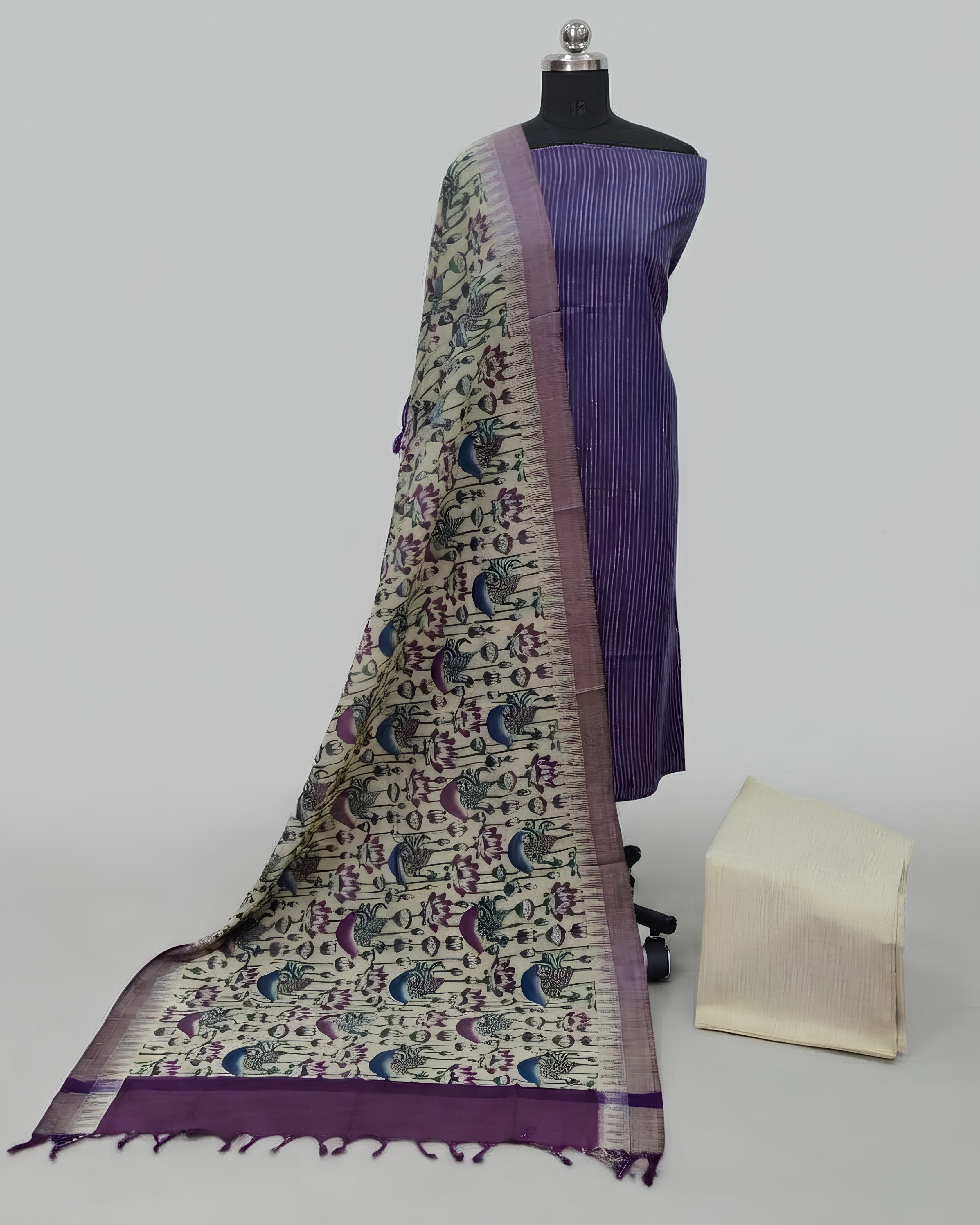 KADHI COTTON PICHWAI PRINTED DUPATTA CHUDI SET - DEEP PURPLE
