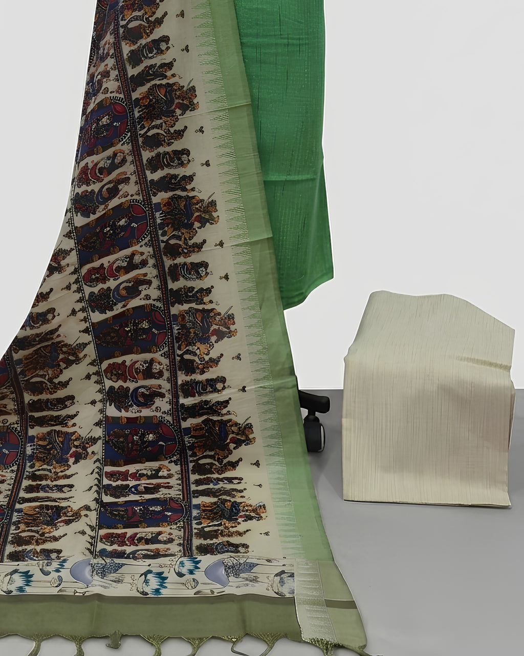 KADHI COTTON KALAMKARI DHUPATTA PRINTED CHUDI SET - EMARALD GREEN