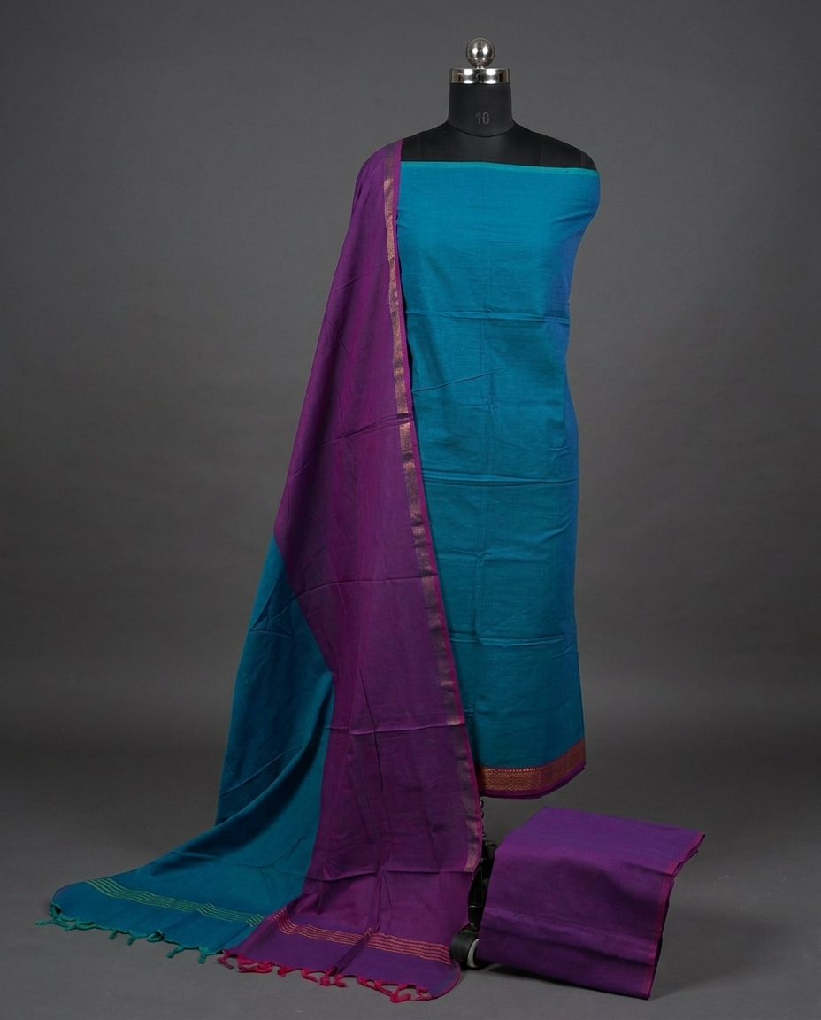 Royal Weave Pure Cotton Chudi - Teal Blue & Purple