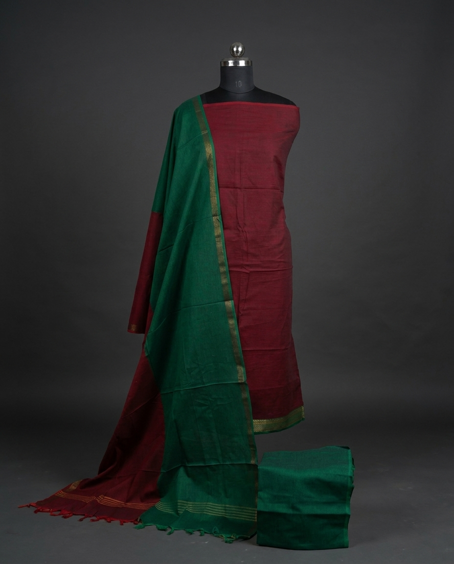 Royal Weave Pure Cotton Chudi - Maroon & Forest Green