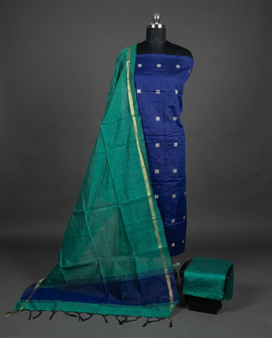 Raw Silk Motif Chudi Material - Royal Blue & Sea Green