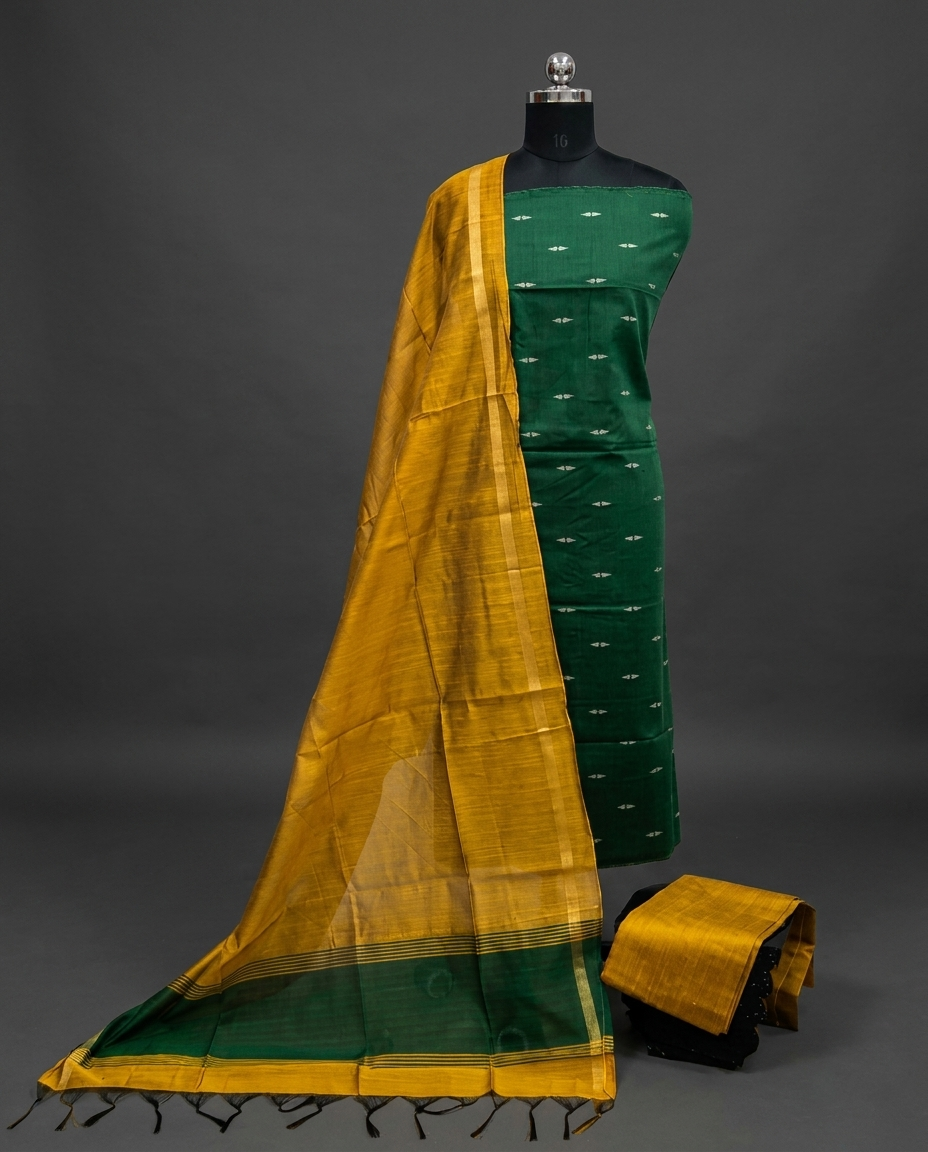 Raw Silk Motif Chudi Material - Emerald Green & Mustard