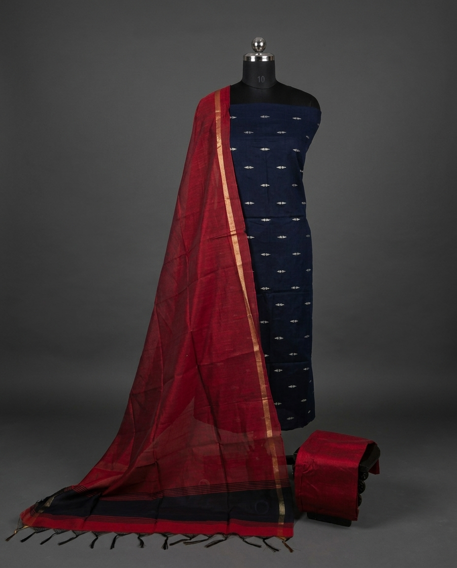 Raw Silk Motif Chudi Material - Navy Blue & Maroon