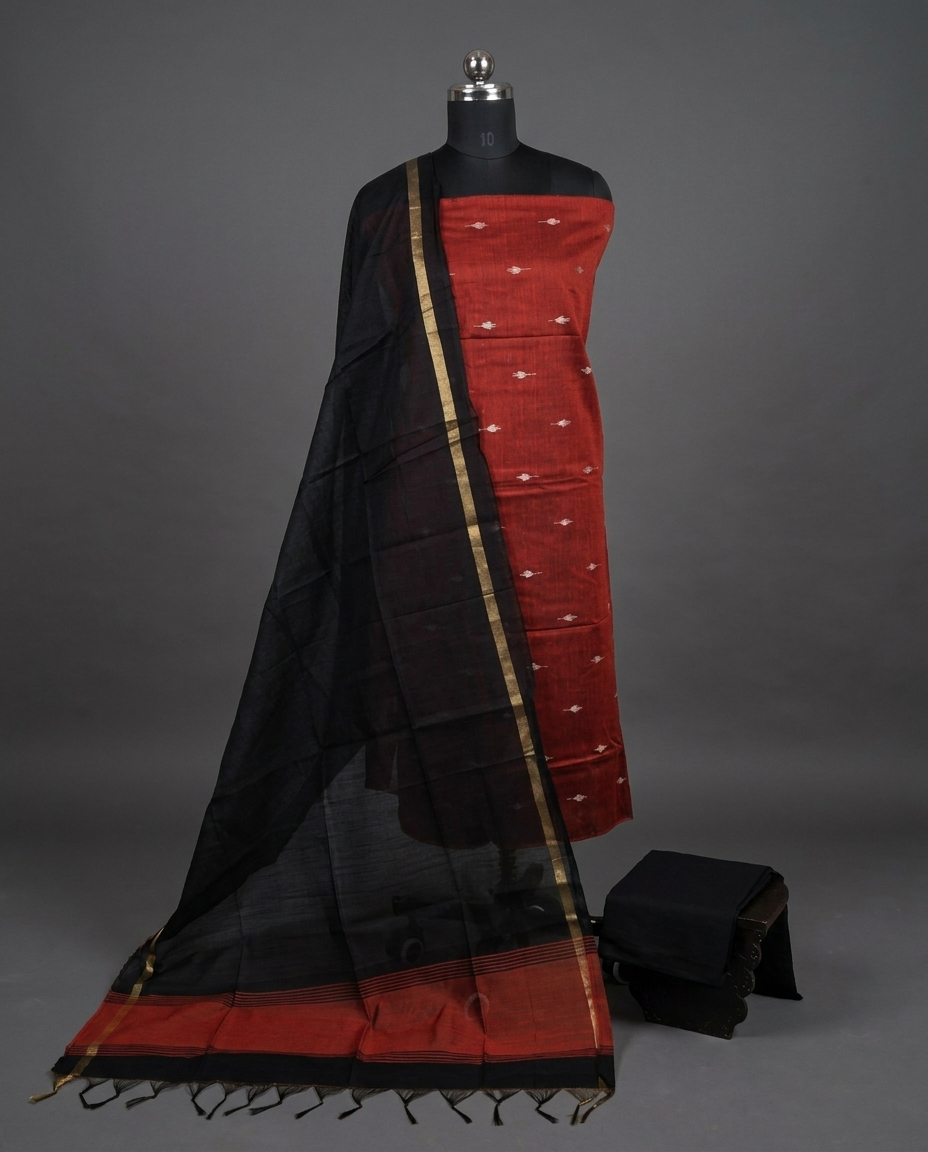 Raw Silk Motif Chudi Material - Brick Red & Black