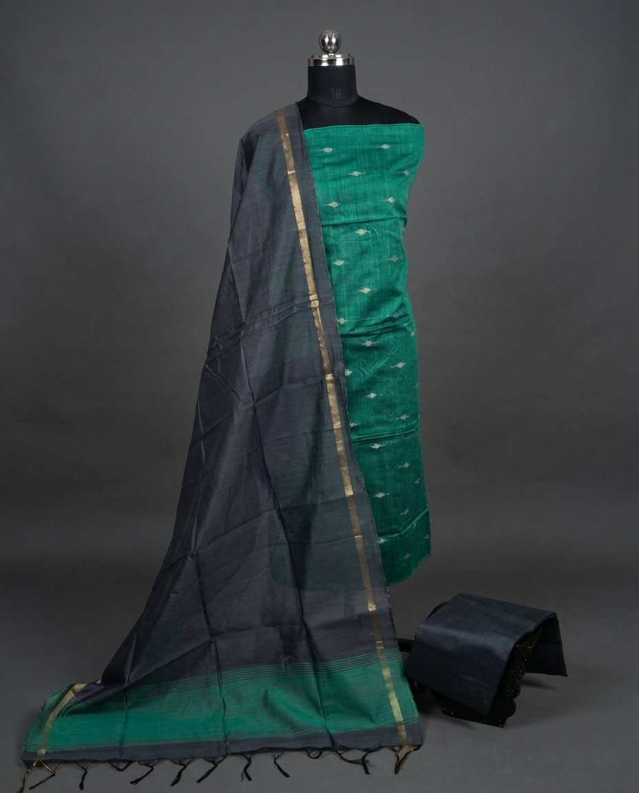 Raw Silk Motif Chudi Material - Teal Green & Charcoal