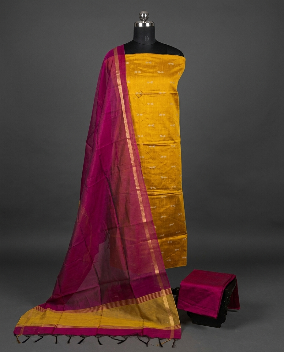 Raw Silk Motif Chudi Material - Mustard Yellow & Magenta