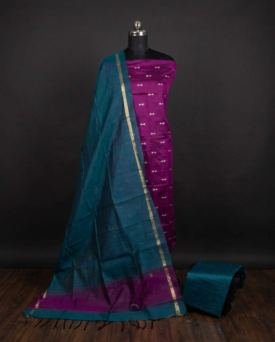 Raw Silk Motif Chudi Material - Magenta & Teal Blue