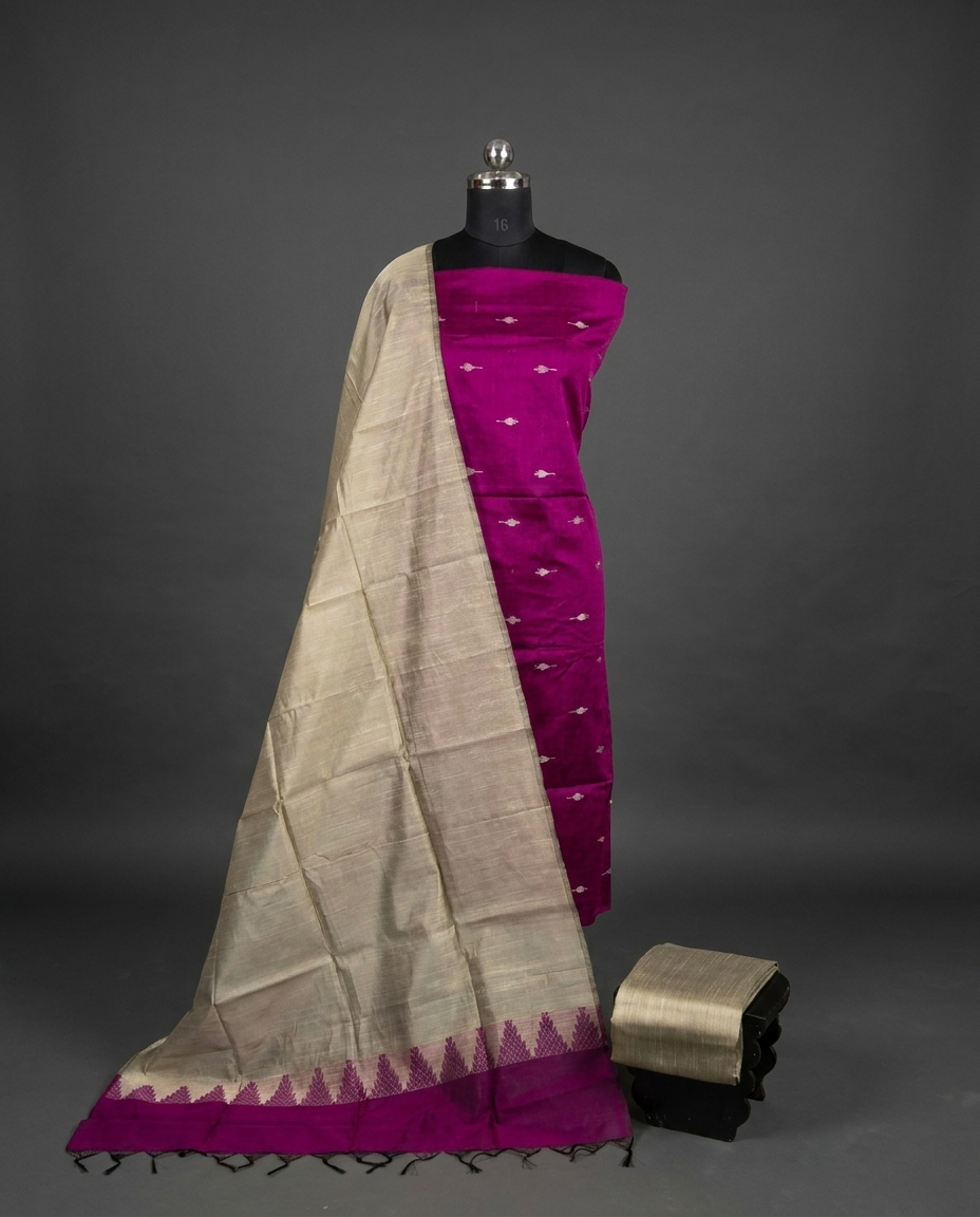 Raw Silk Butta Chudi Sets - Magenta & Beige