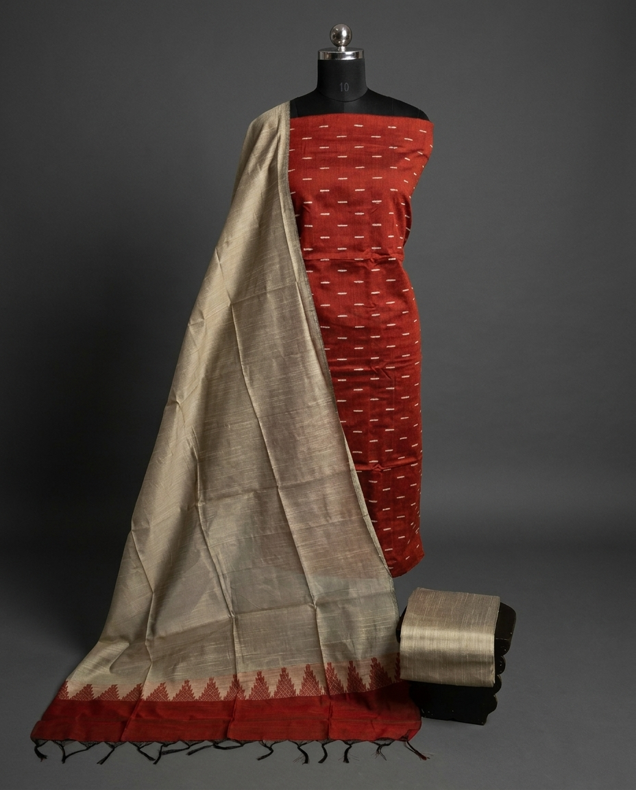Raw Silk Butta Chudi Sets - Brick Red & Beige