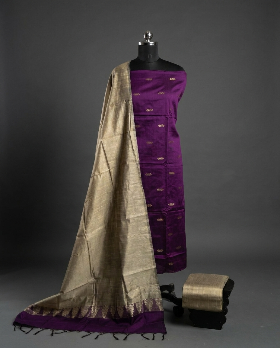 Raw Silk Butta Chudi Sets - Deep Purple & Beige