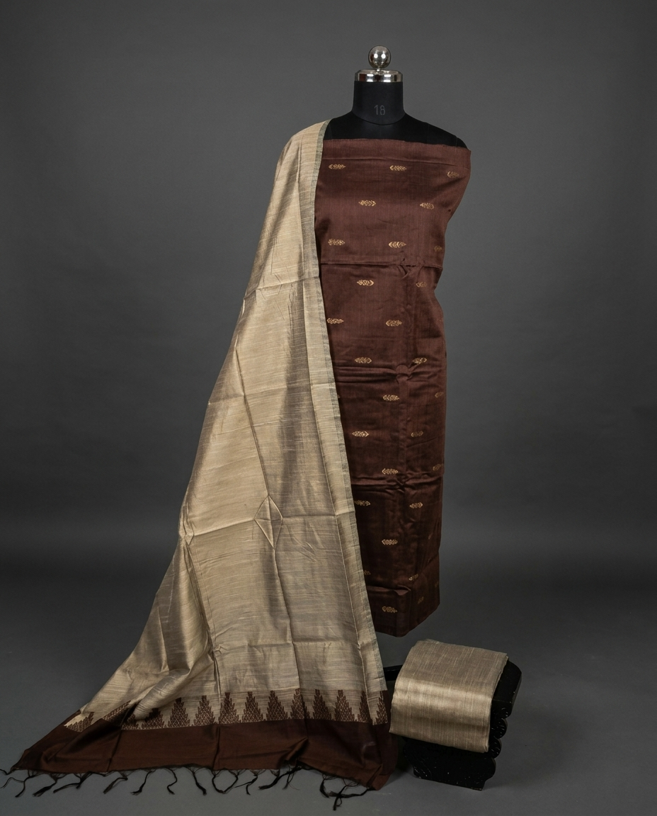 Raw Silk Butta Chudi Sets - Chocolate Brown & Beige