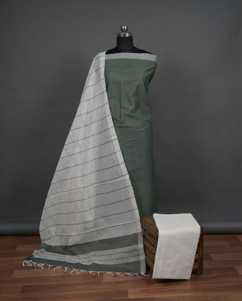 Magalagiri Cotton Stripes - Olive Green & White