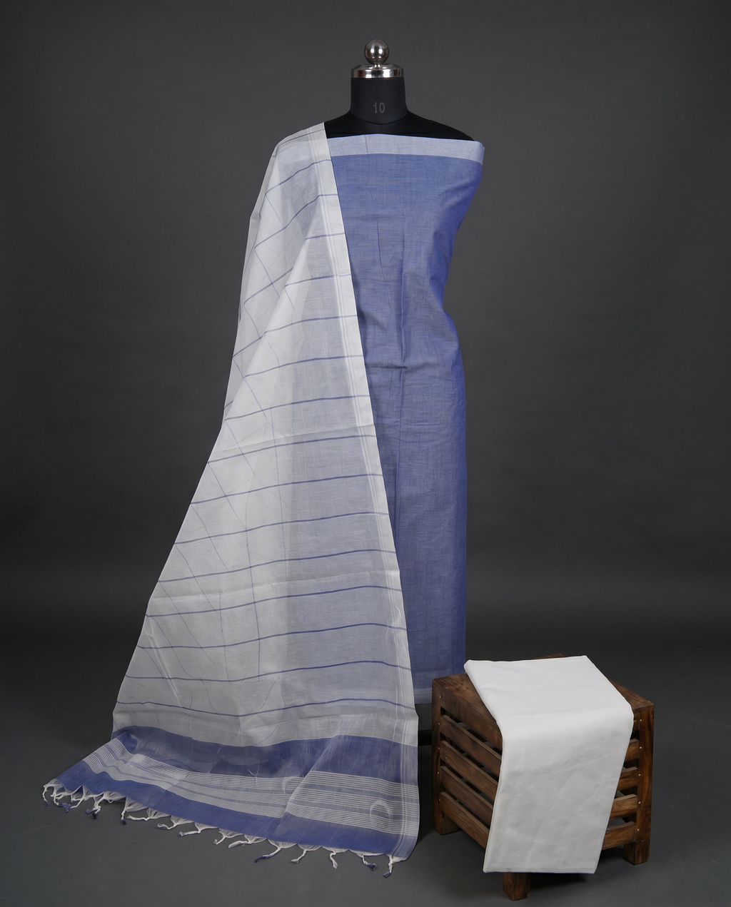 Magalagiri Cotton Stripes - Steel Blue & White