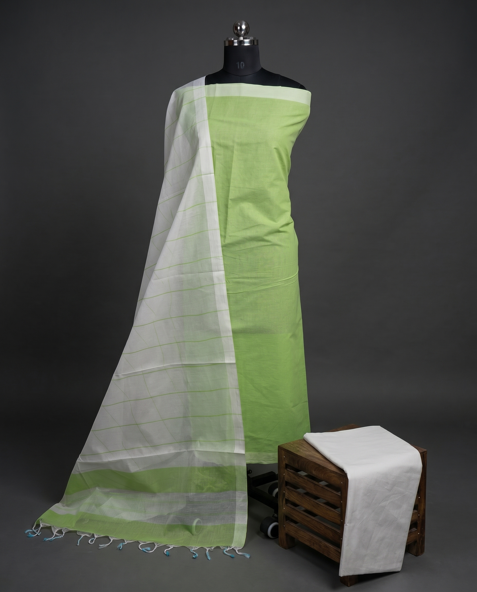 Magalagiri Cotton Stripes - Lime Green & White