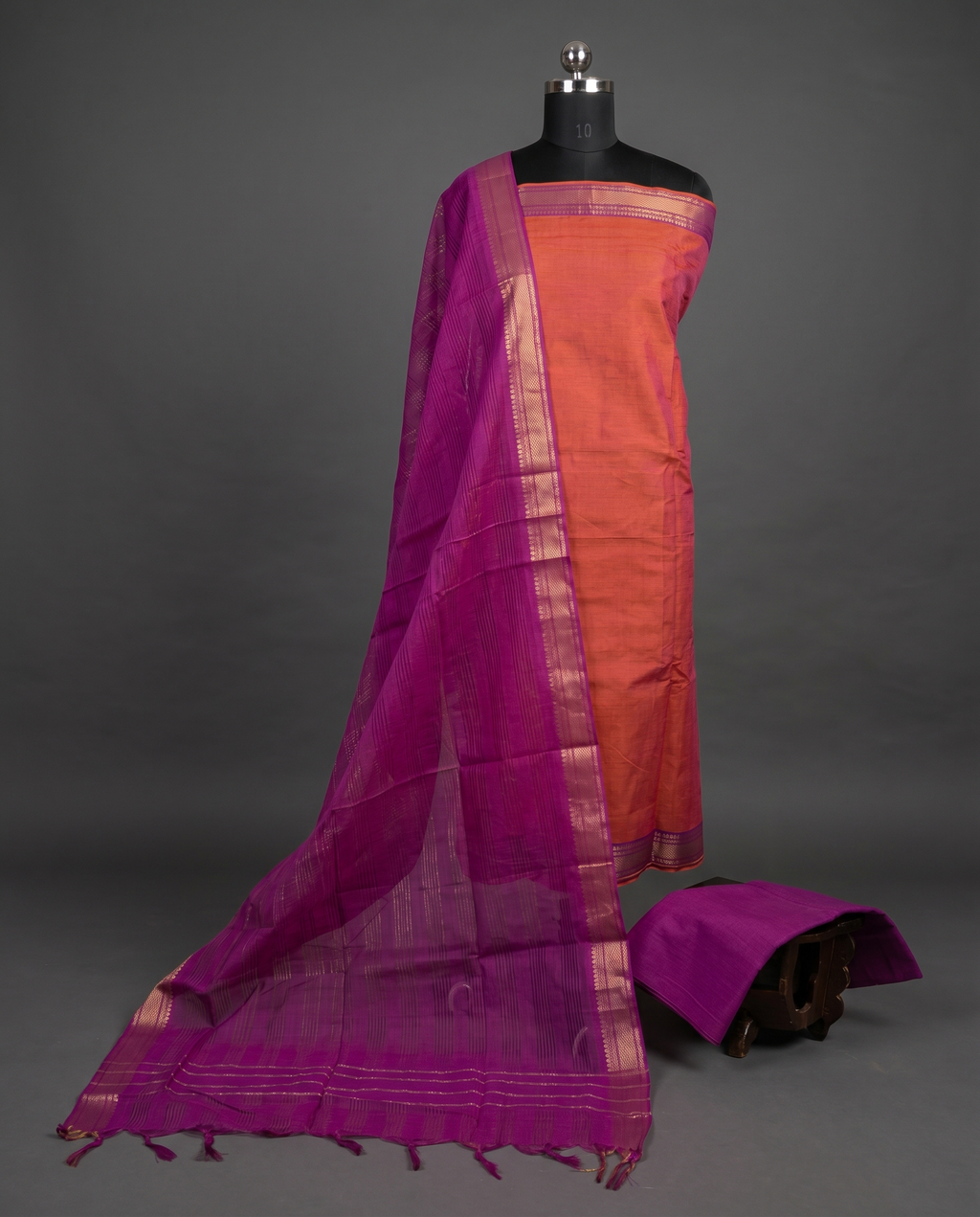 Mangalagiri Pure Cotton Zari - Peach & Magenta