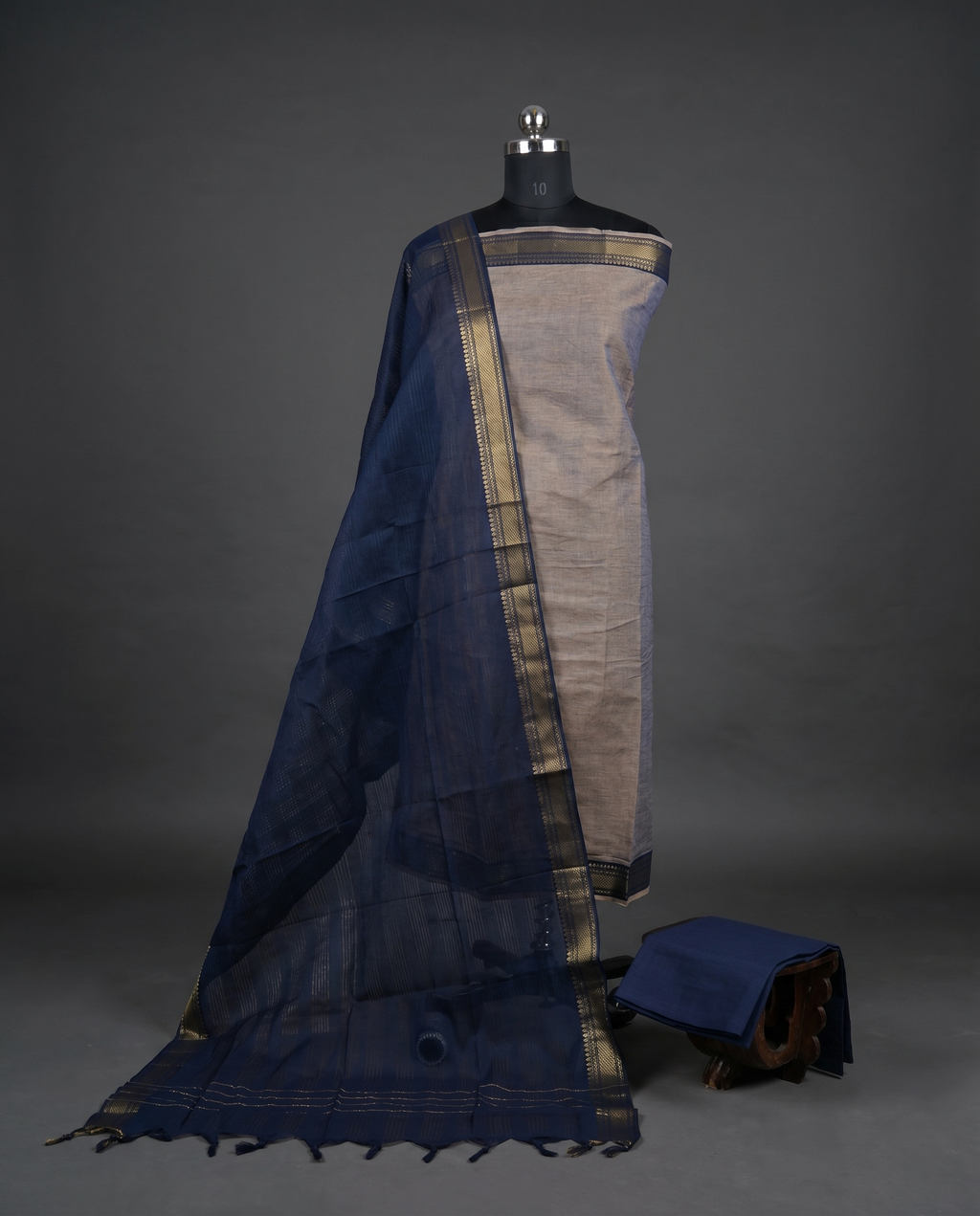 Mangalagiri Pure Cotton Zari - Beige & Navy