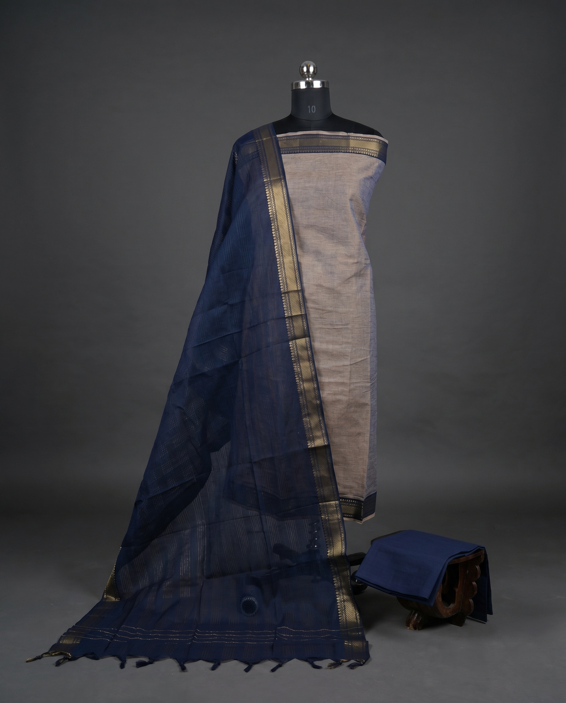 Mangalagiri Pure Cotton Zari - Beige & Navy