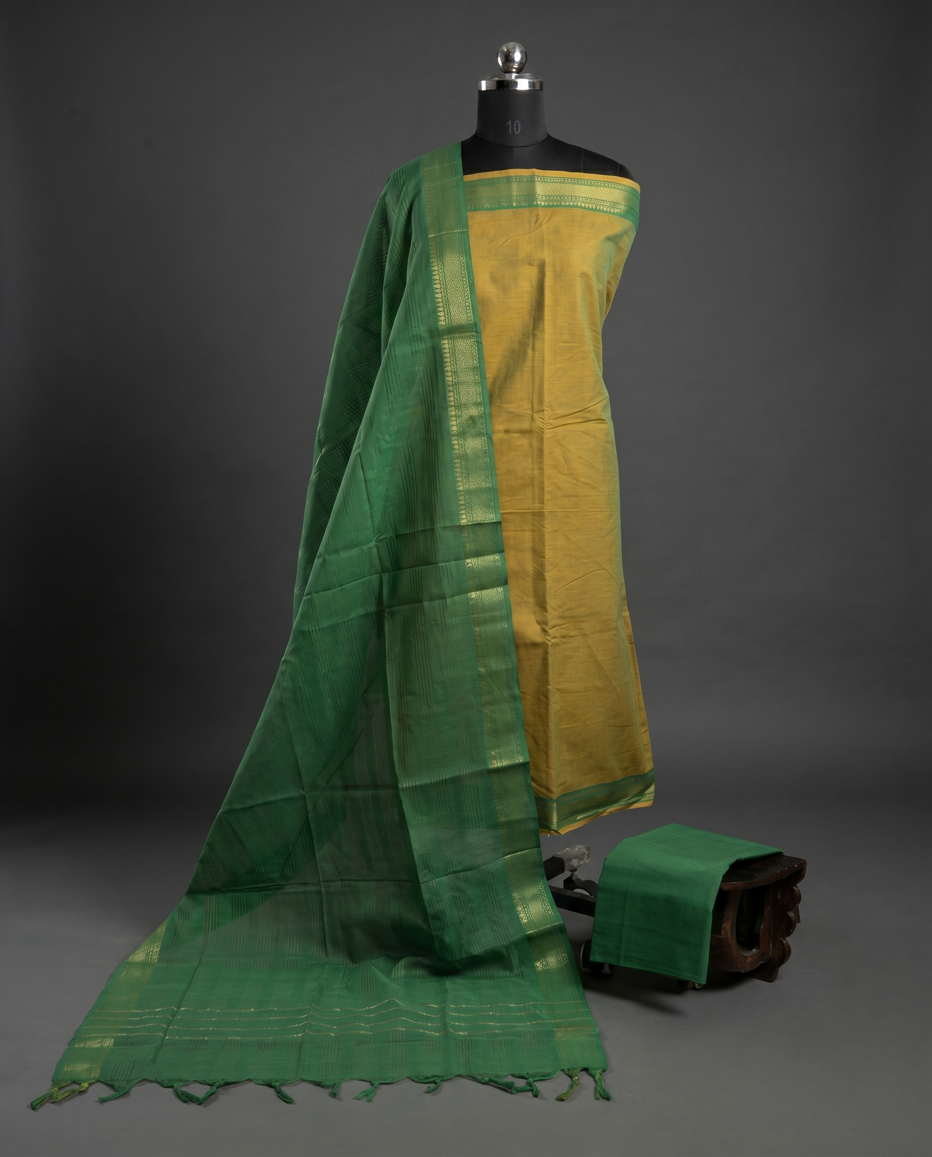Mangalagiri Pure Cotton Zari - Mustard Yellow & Olive Green