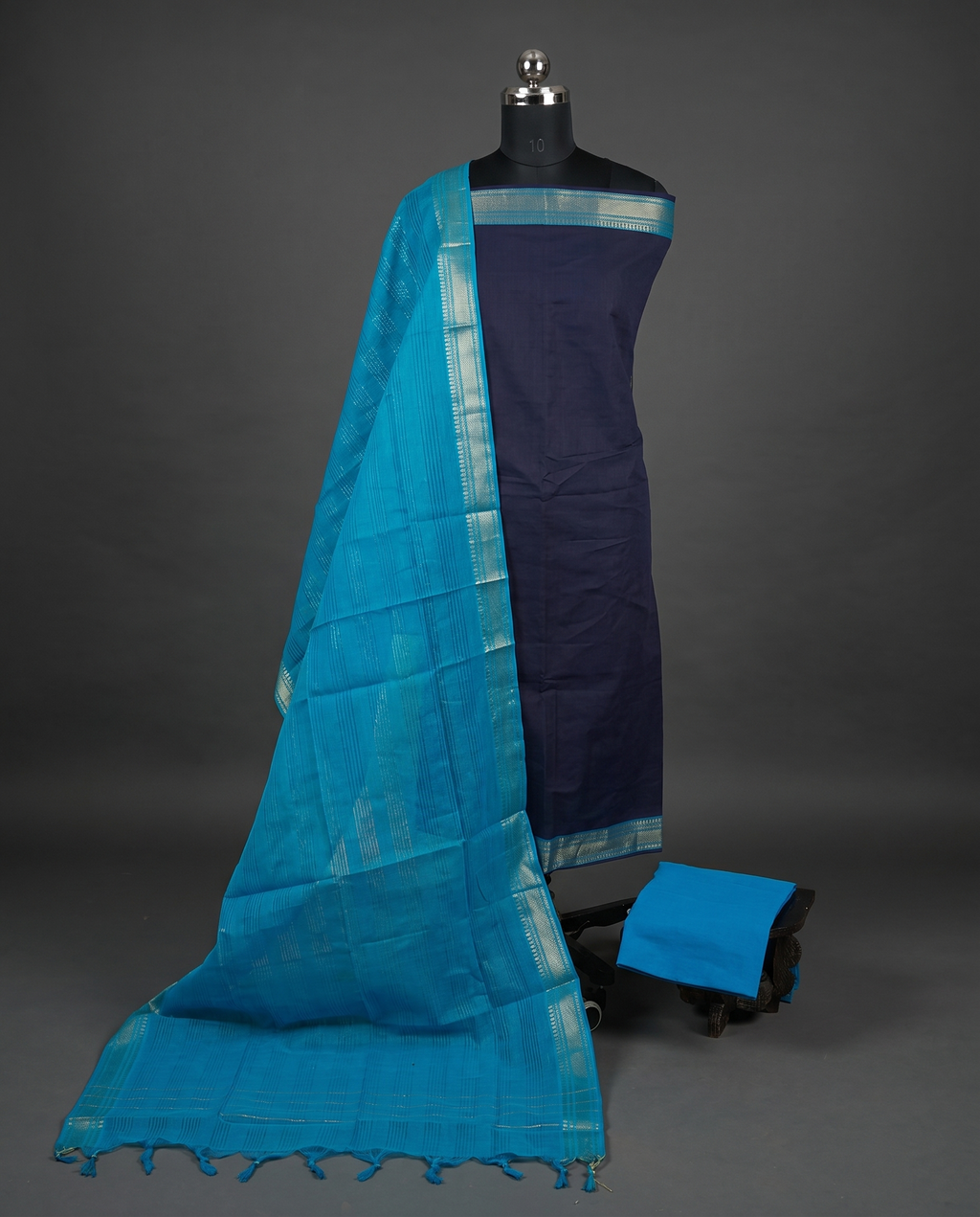 Mangalagiri Pure Cotton Zari - Navy Blue & Sky Blue
