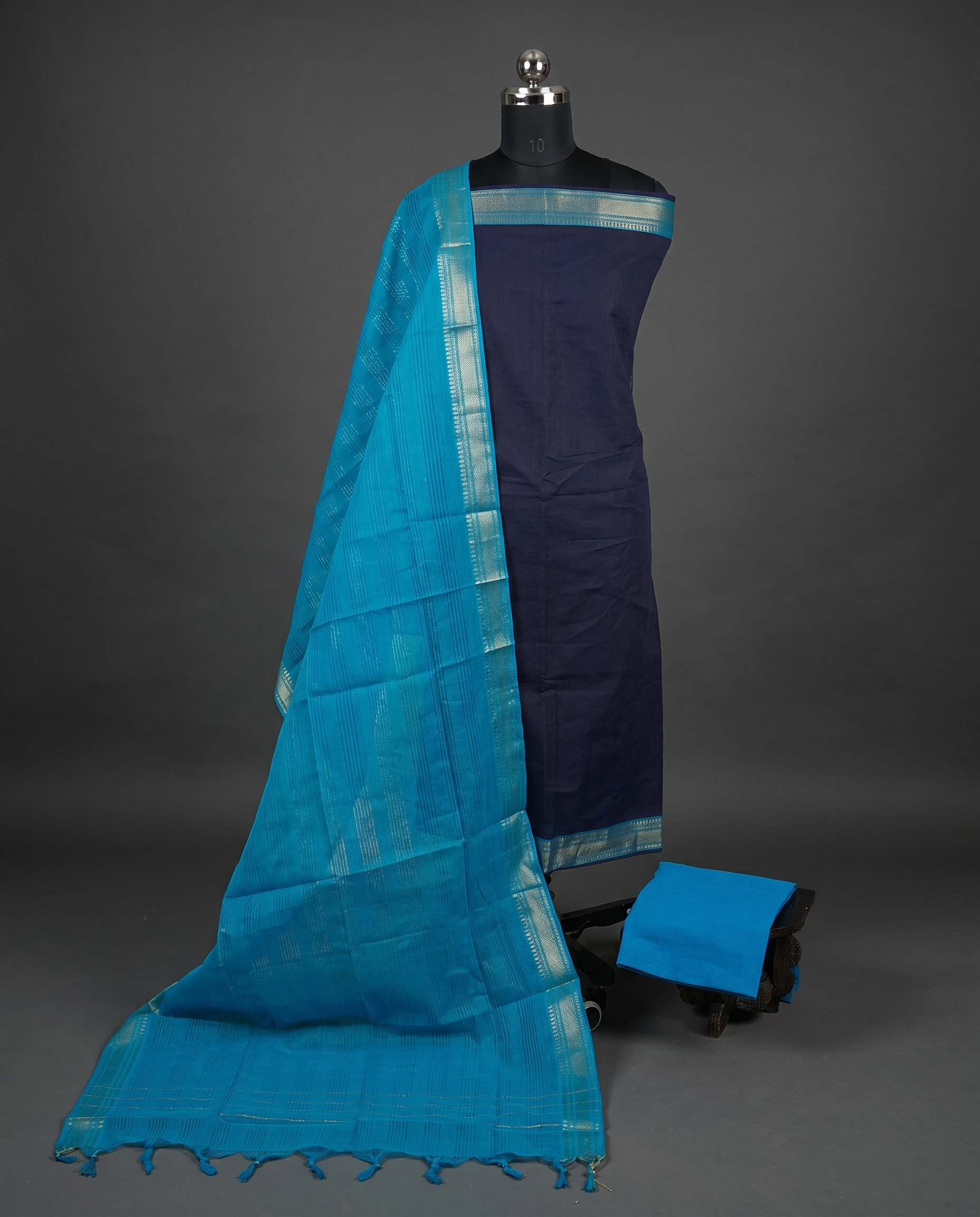 Mangalagiri Pure Cotton Zari - Navy Blue & Sky Blue