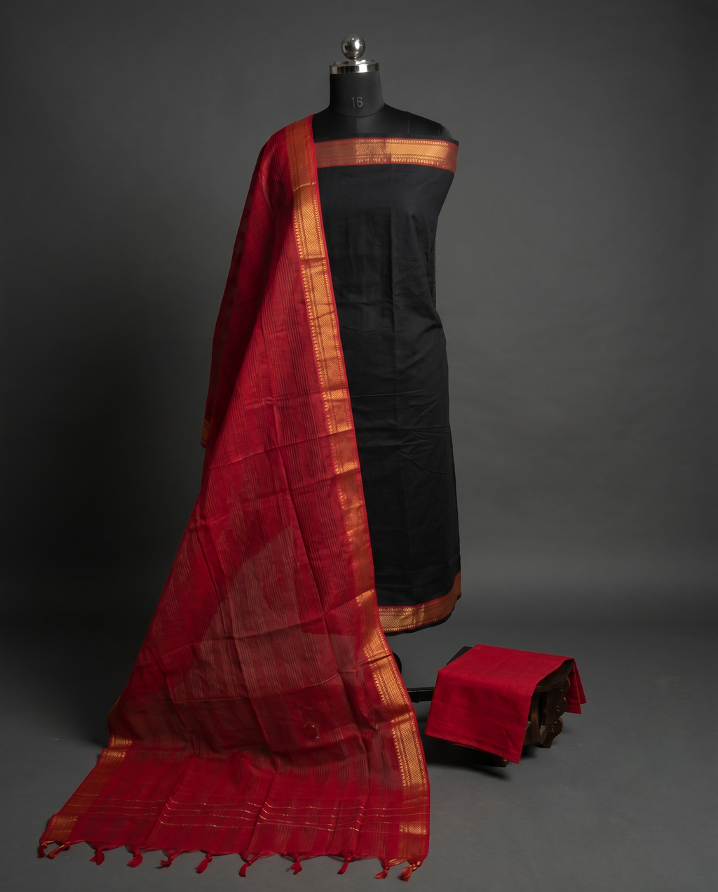 Mangalagiri Pure Cotton Zari - Jet Black & Crimson Red