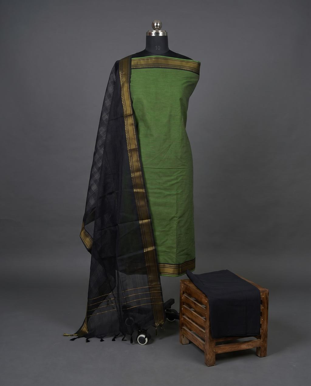 Mangalagiri Pure Cotton Zari - Olive Green & Black