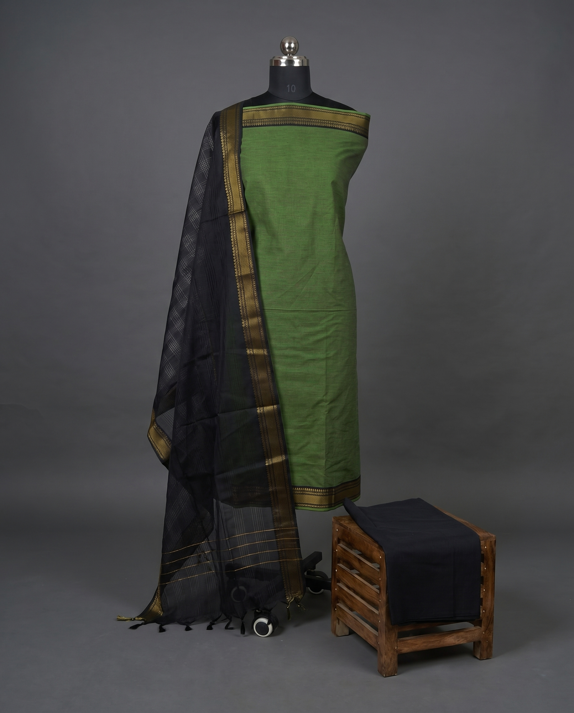 Mangalagiri Pure Cotton Zari - Olive Green & Black