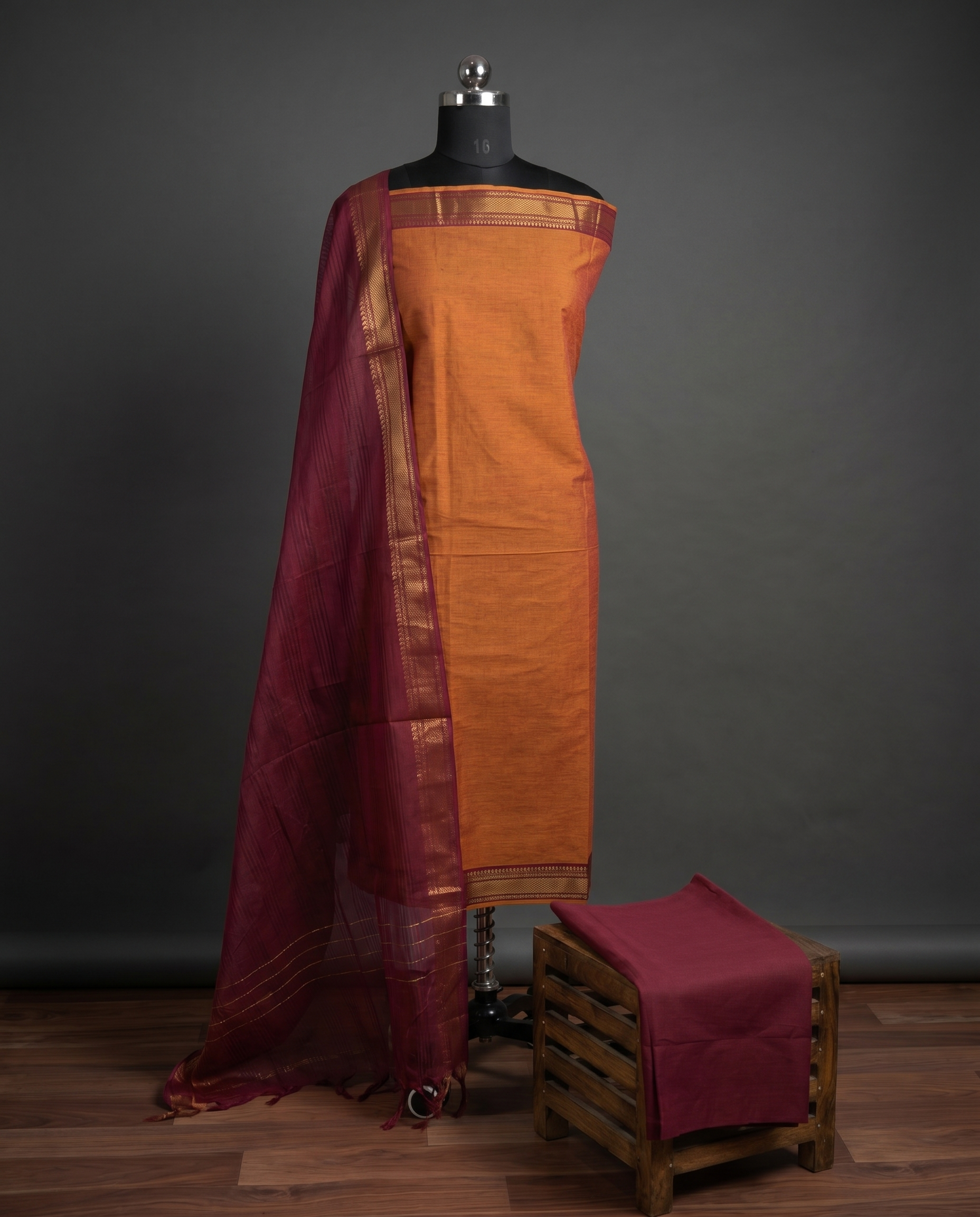 Mangalagiri Pure Cotton Zari - Orange & Maroon