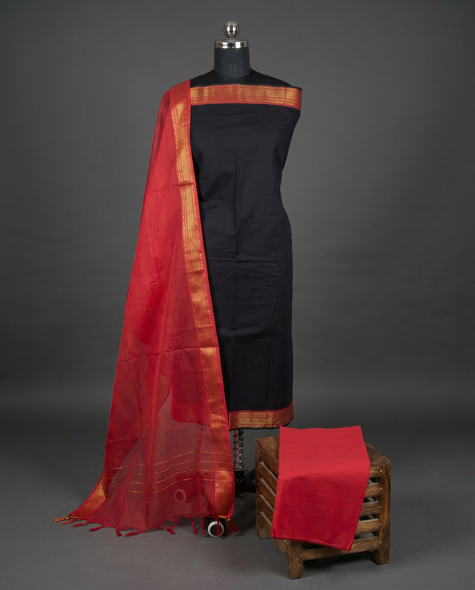 Mangalagiri Pure Cotton Zari - Jet Black & Red