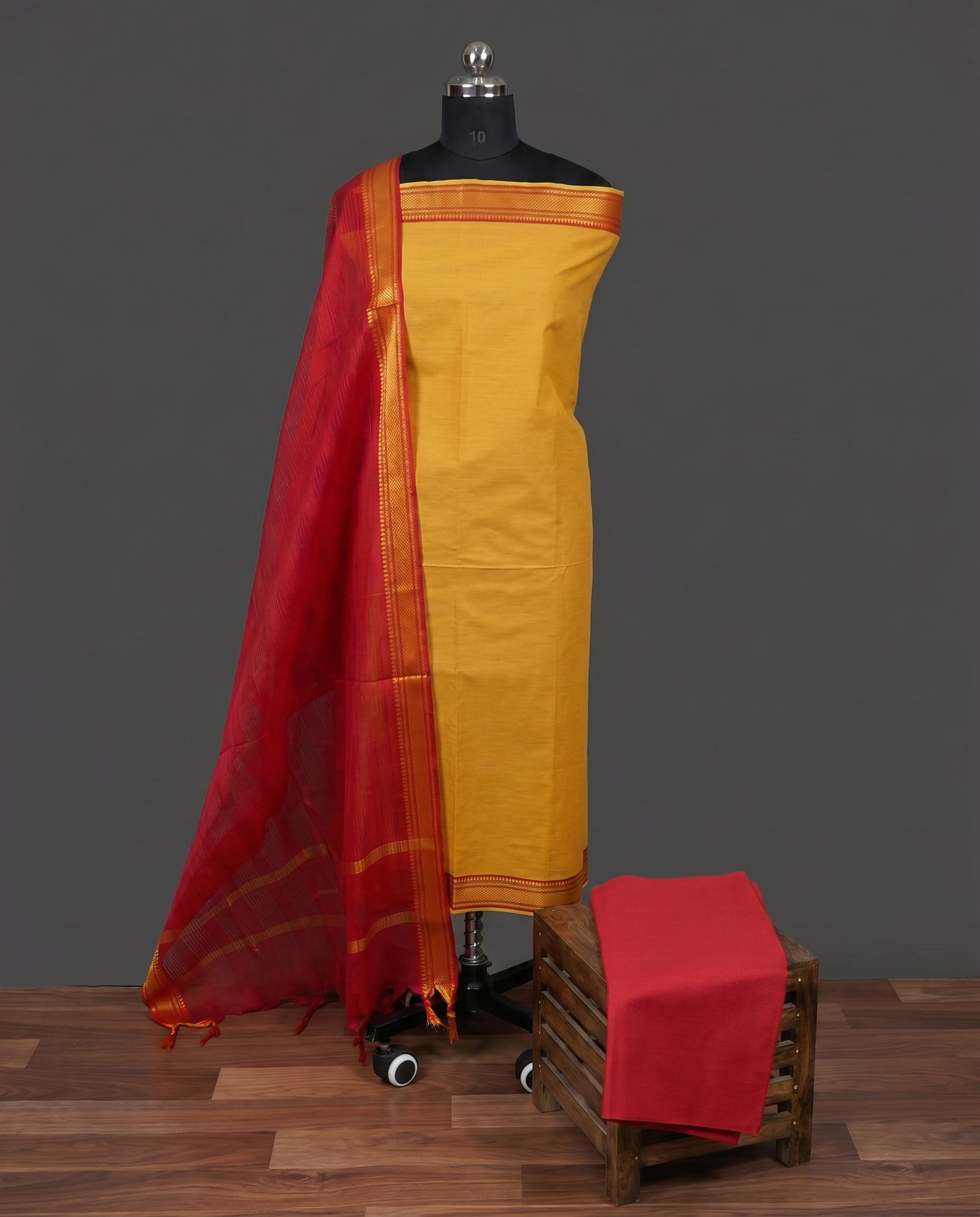 Mangalagiri Pure Cotton Zari - Mustard Yellow & Red