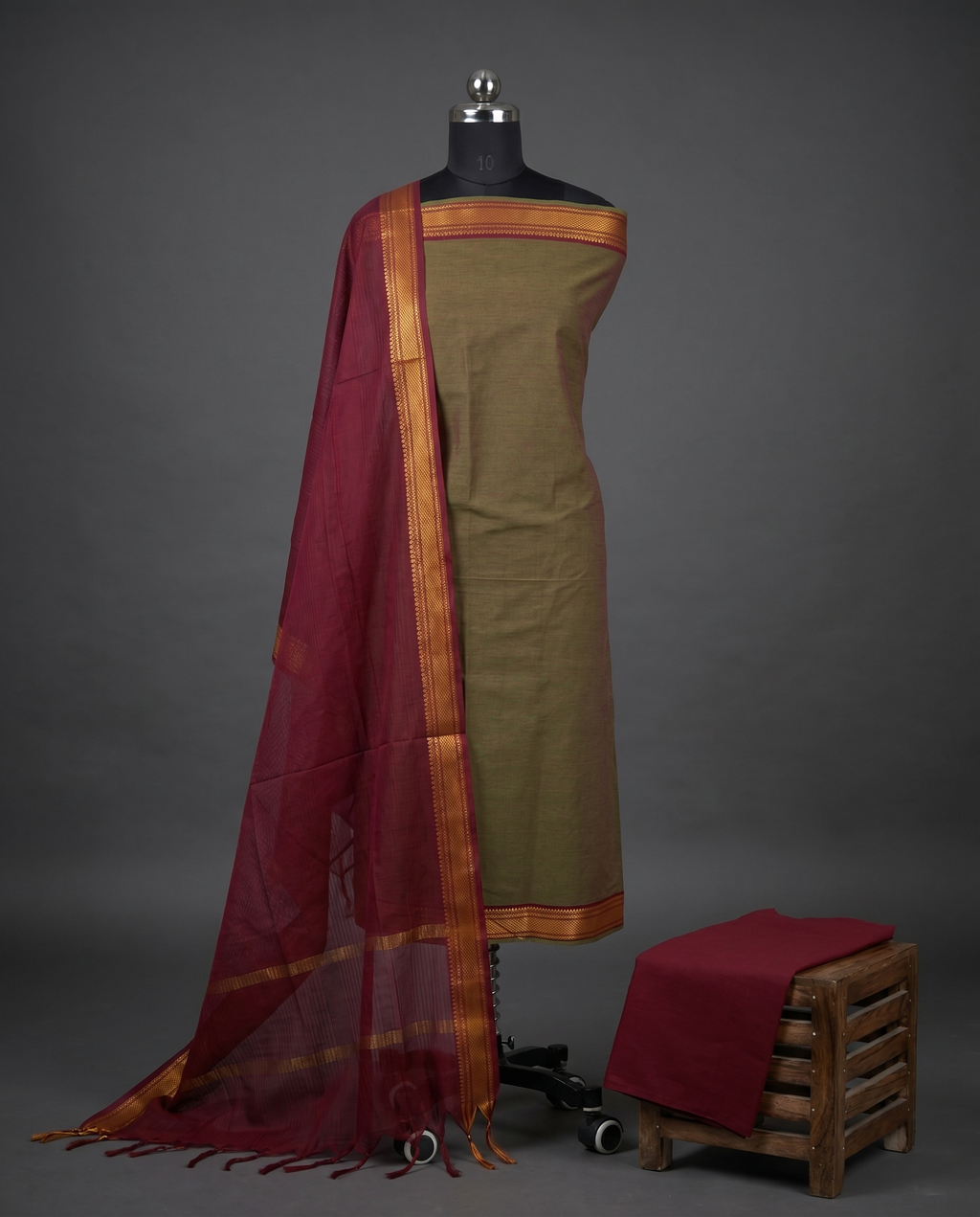 Mangalagiri Pure Cotton Zari - Beige & Wine