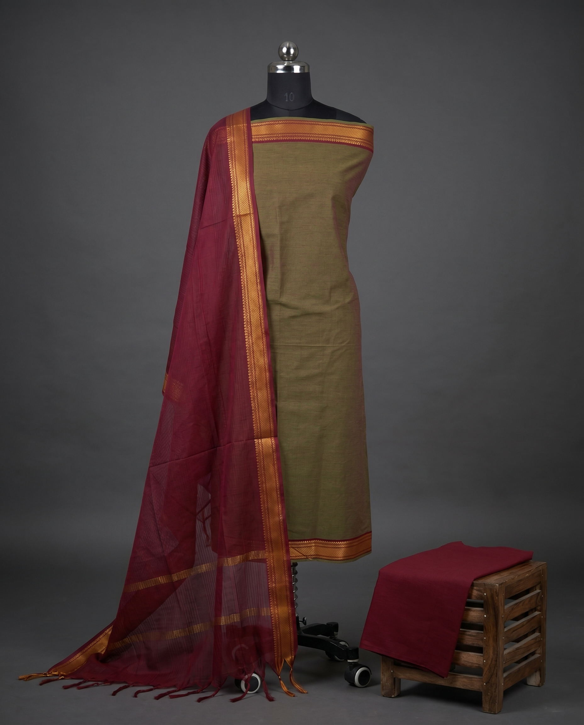Mangalagiri Pure Cotton Zari - Beige & Wine