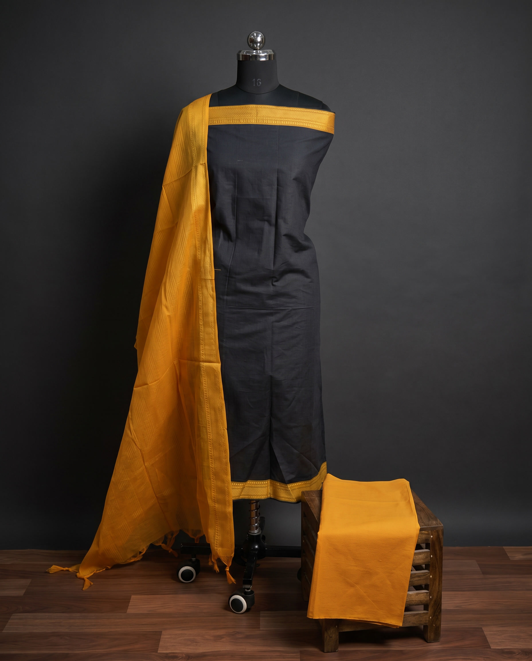 Mangalagiri Pure Cotton Zari - Black & Mustard