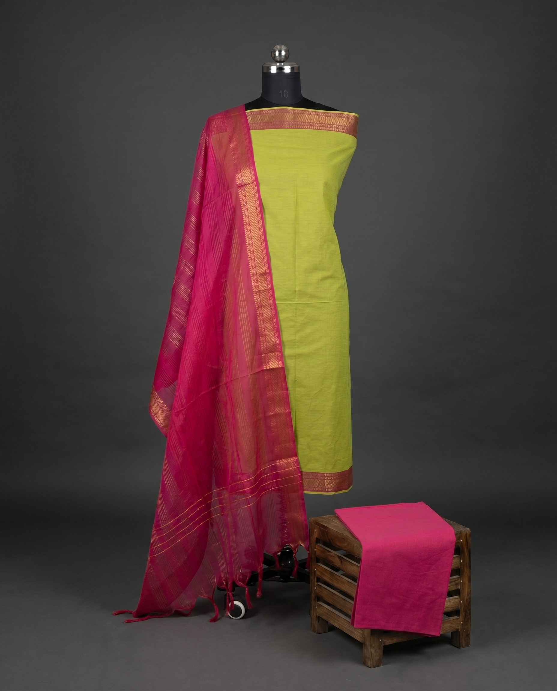 Mangalagiri Pure Cotton Zari - Lime Green & Magenta