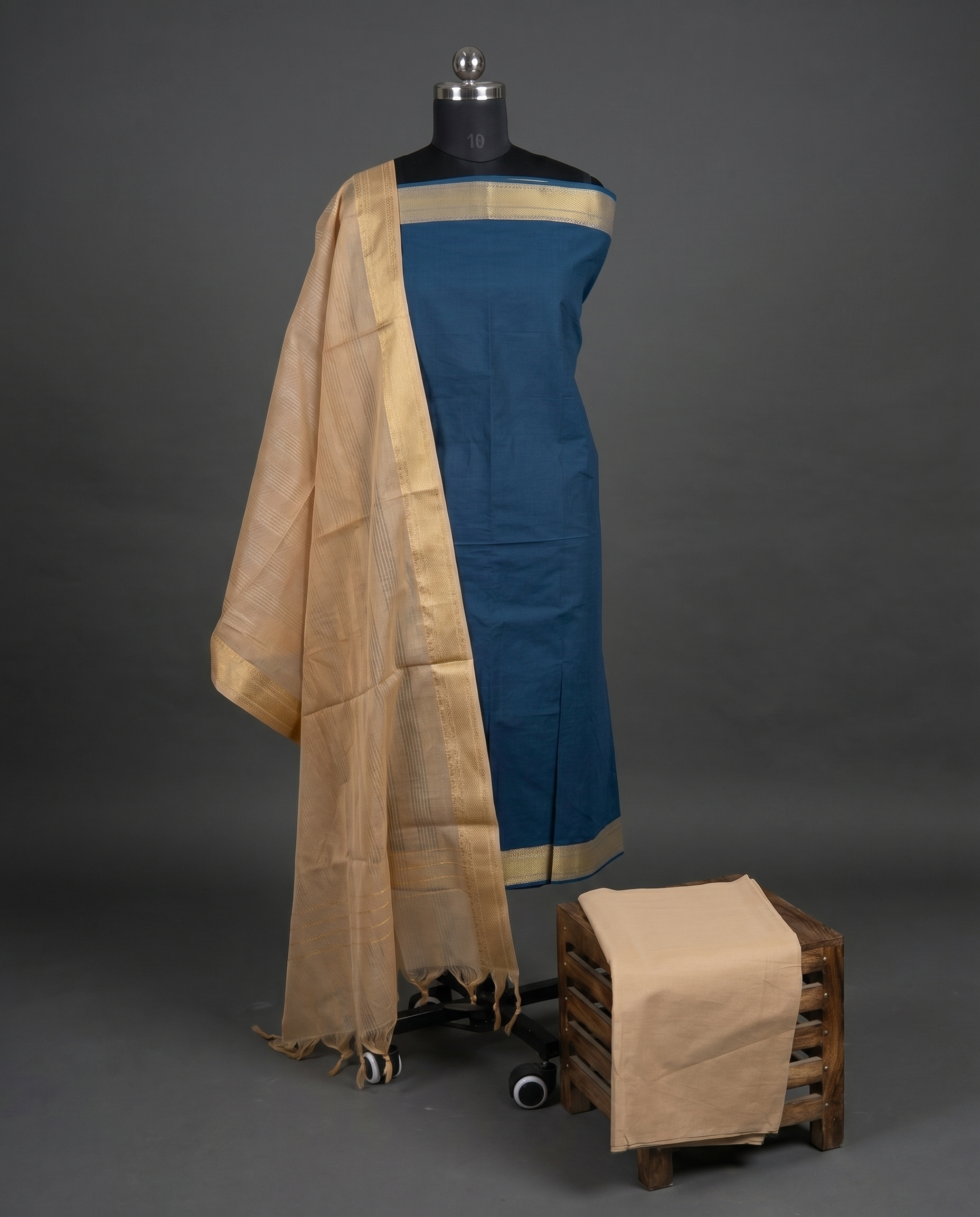Mangalagiri Pure Cotton Zari - Teal Blue & Beige