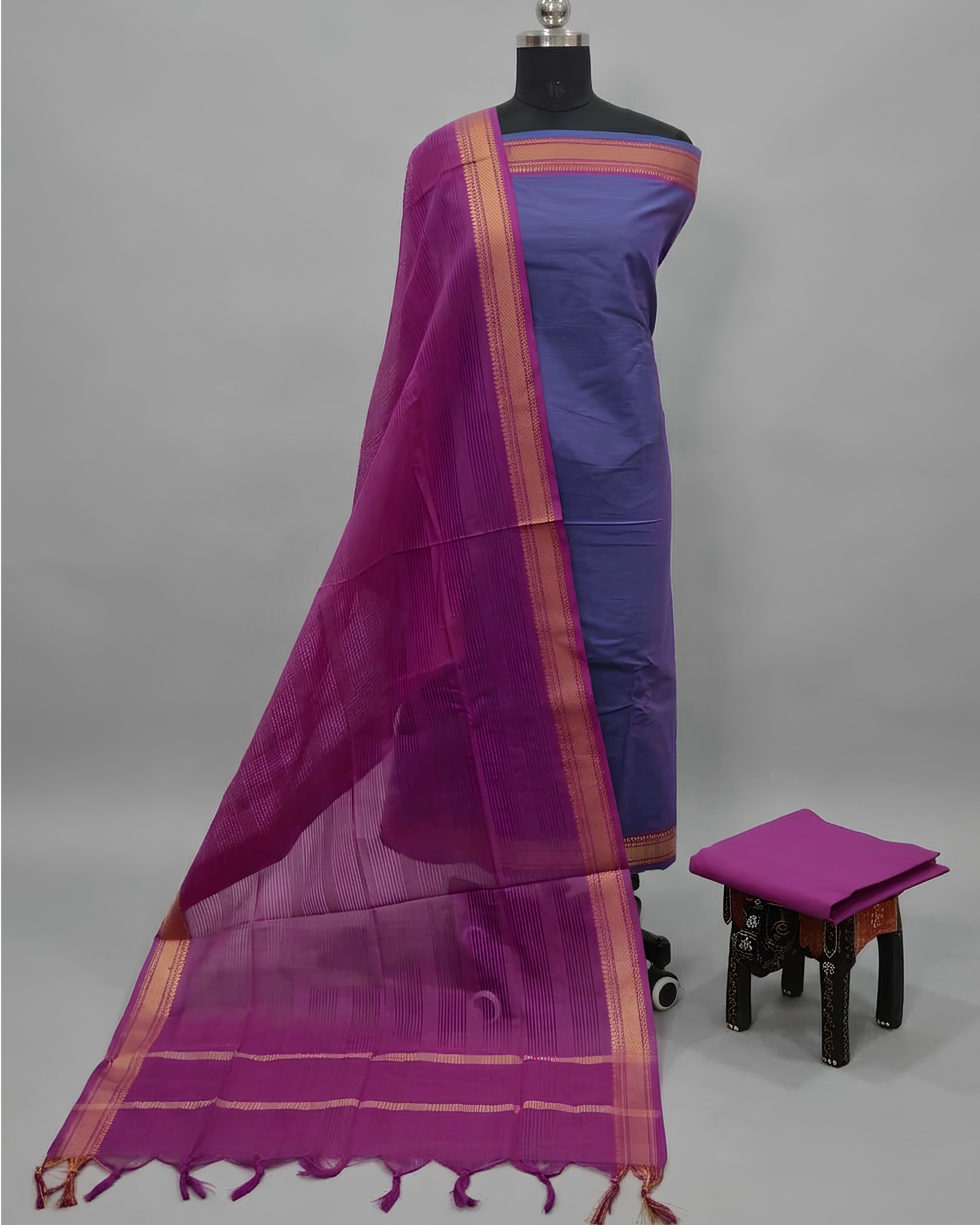 MANGALAGIRI PURE COTTON  ZARI - LAVENDER BLUE WITH MAGENDA PINK