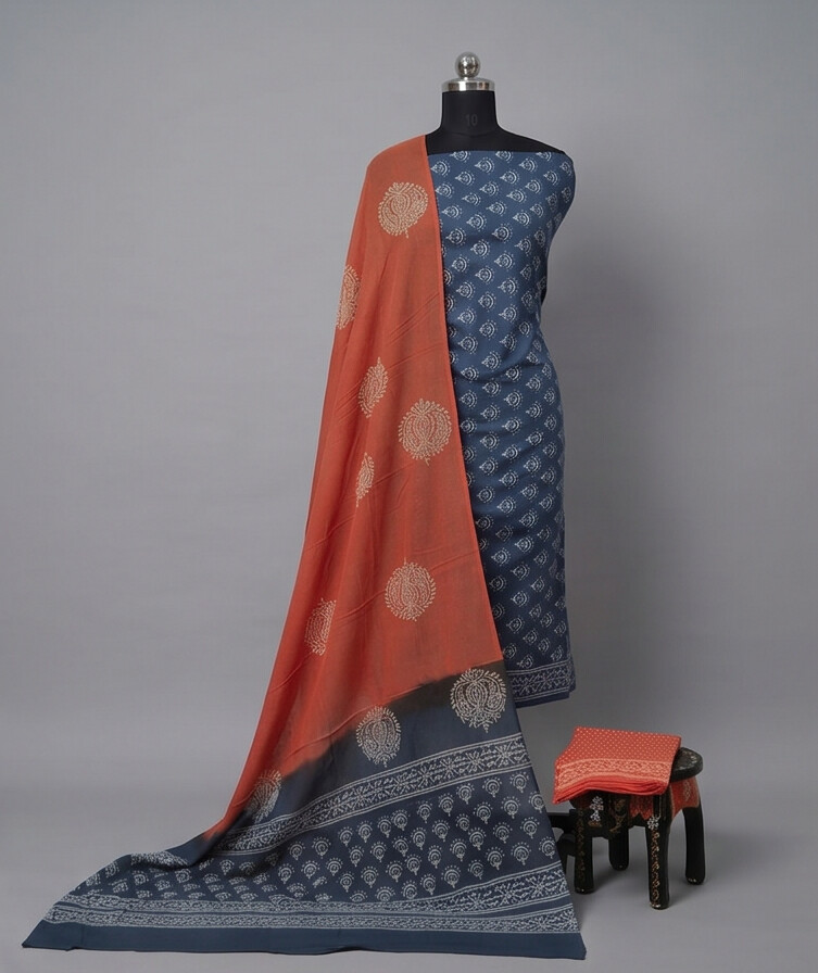 Dual (Rust& Navy) - Mul Mul Cotton Dupatta
