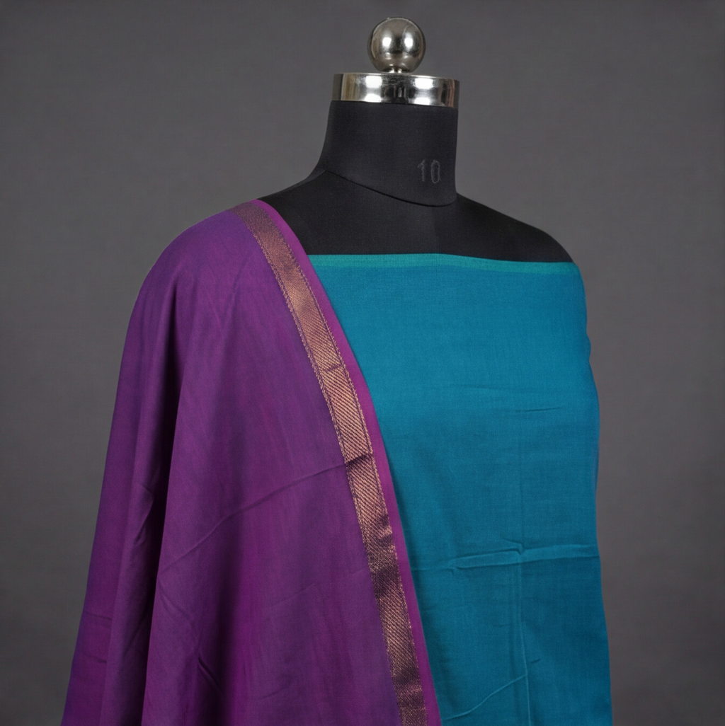 Royal Weave Pure Cotton Chudi - Teal Blue & Purple