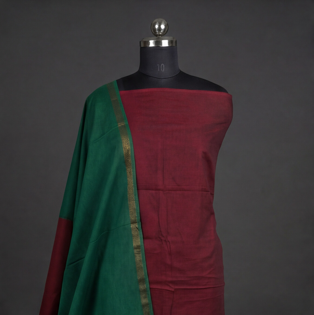 Royal Weave Pure Cotton Chudi - Maroon & Forest Green