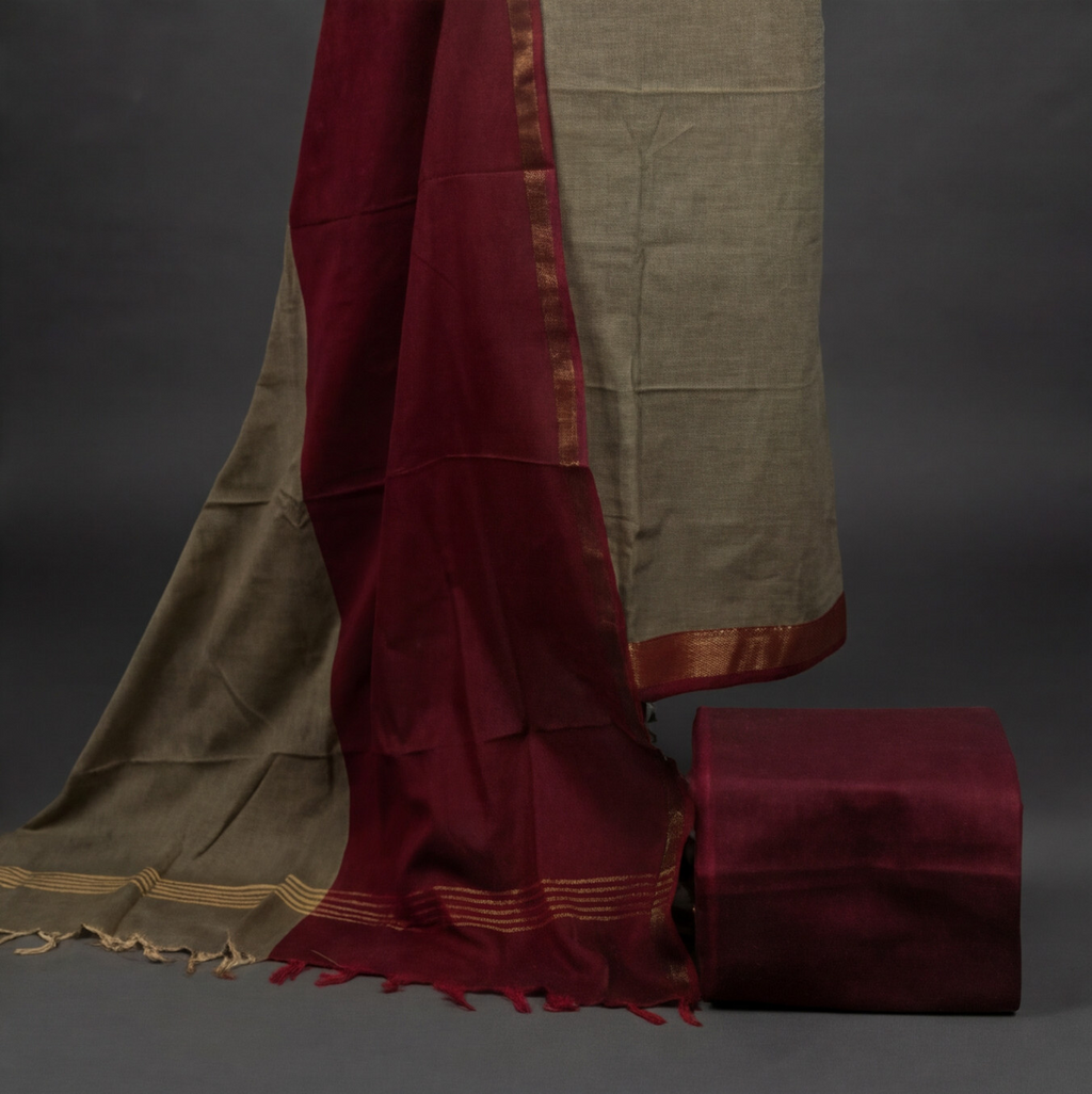 Royal Weave Pure Cotton Chudi - Beige & Wine