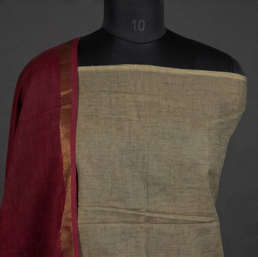 Royal Weave Pure Cotton Chudi - Beige & Wine