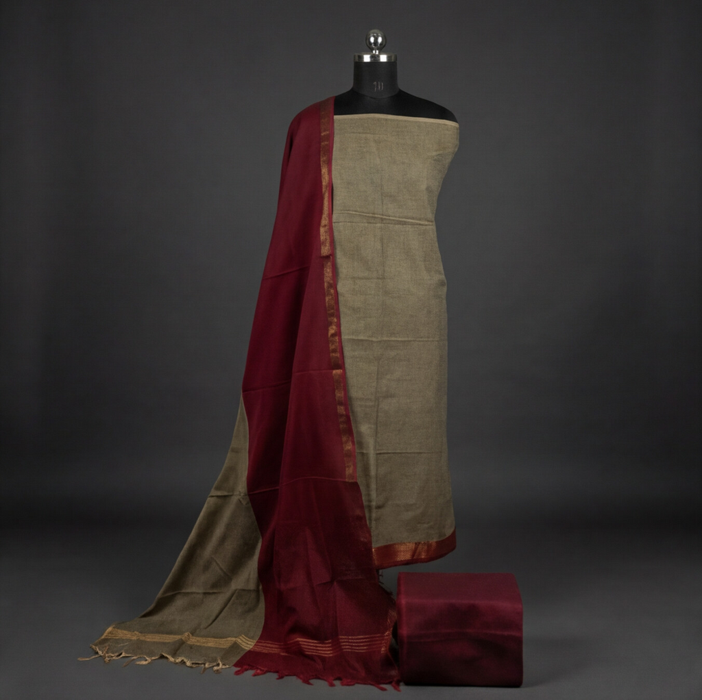 Royal Weave Pure Cotton Chudi - Beige & Wine